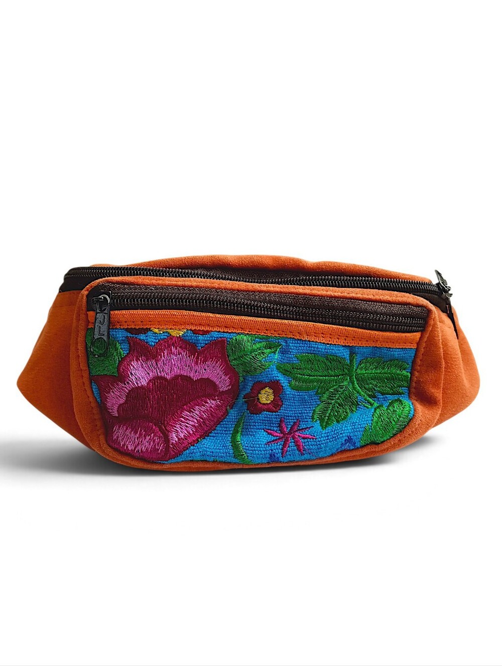 Embroidered Orange Suede Waist Bag with Floral Panel Boho Fanny Pack Festival